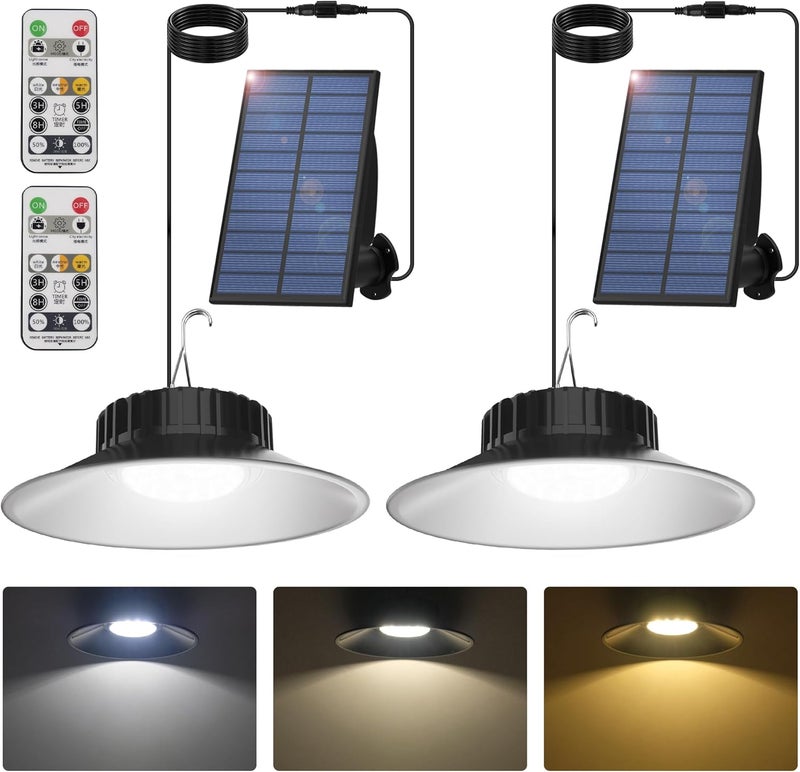 T-SUN Solar Pendant Light Outdoor, 2 Pack Solar Shed Lights Indoor with Remote Control, IP65 Waterproof Shop Light, 3000K/4000K/6000K, Perfect for Barn Chicken Coop Garage Courtyard Balcony - Image 1